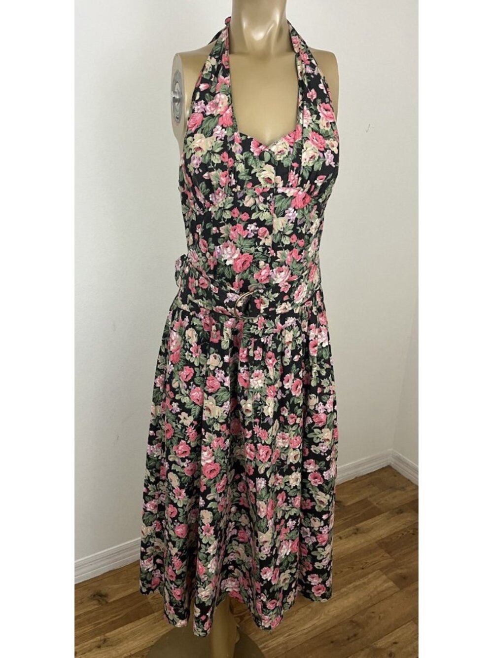 Vintage Sarah Taylor 90s Floral Halter Drop Waist Fit Flare Pin Up Dress Size 14
